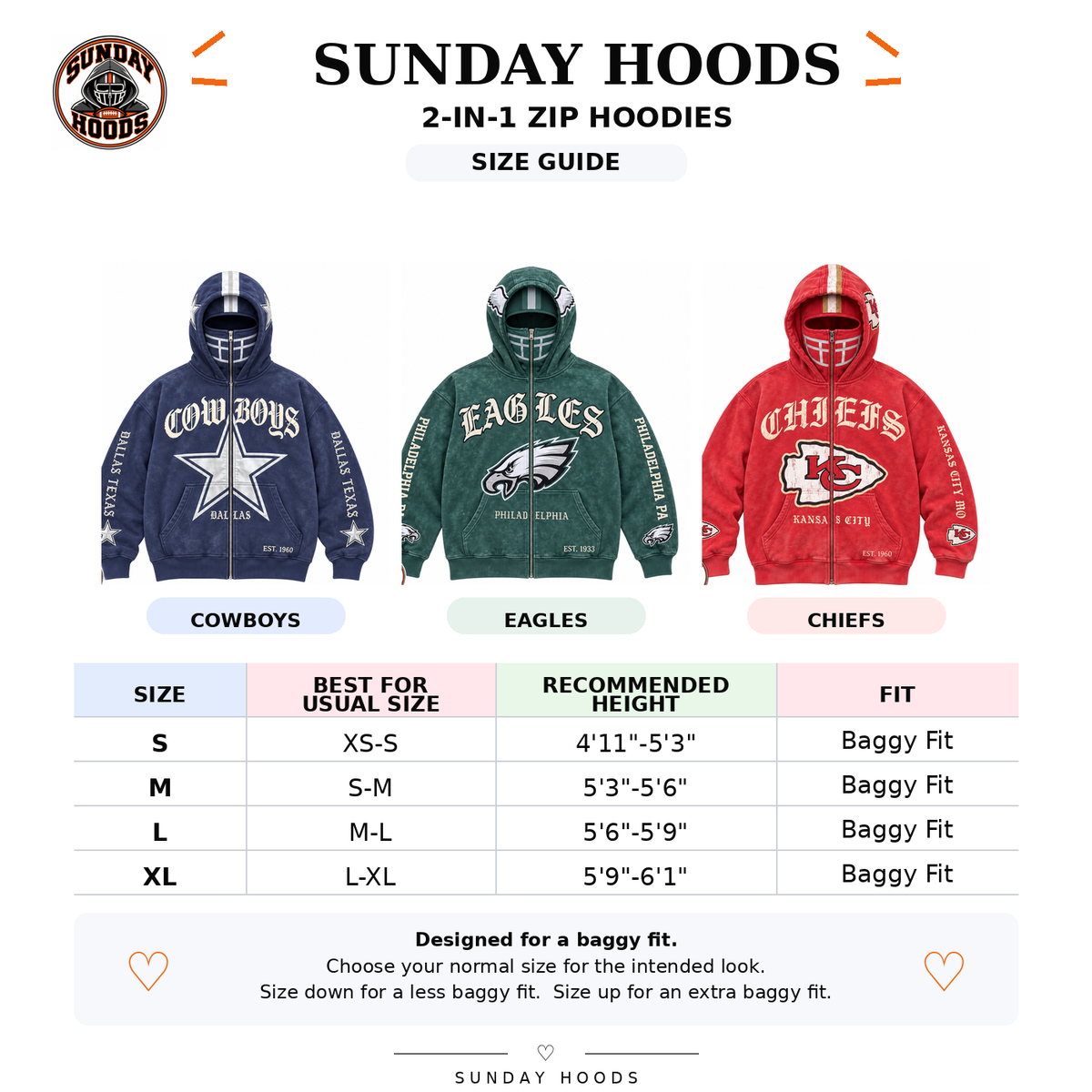 Football balaclava hoodie size guide